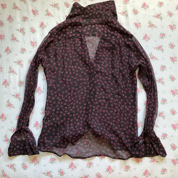 Guess by Marciano black button up purple polka dot sheer silk blouse - Picture 3 of 3